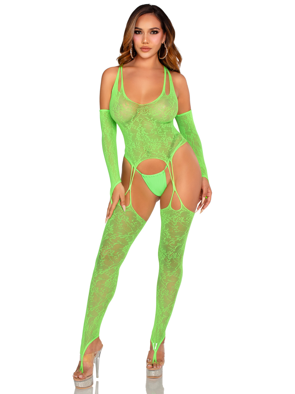 Leg Avenue Neon Green 2pc Lace Halter Toe Loop Set Clubwear